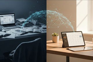 Split screen comparing a messy stressed office desk with a clean organized workspace achieved through time management AI.