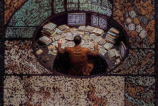A person sits at a circular desk cluttered with open books and papers, surrounded by a semicircle of vintage-style computer monitors displaying complex code or data. The scene is viewed from above, with the entire setup enclosed in a large, ornate, mosaic-like wall made of glowing colored dots and intricate patterns. The environment blends analog and digital aesthetics, suggesting an intense focus on information analysis or archival research in a futuristic or retro-futuristic setting.