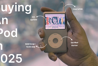 iPod Classic at the centre with its specs explained using arrows