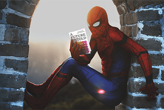 Spiderman sitting in a brick archway, with a blurred city background, reading a book called “A Future Untold”