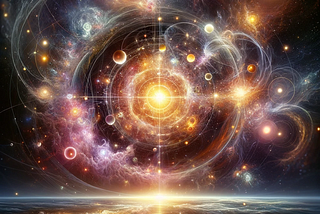 Radiant cosmic landscape depicting the awakening of divine consciousness, with particles forming stars and life on Earth, symbolizing interconnected existence.