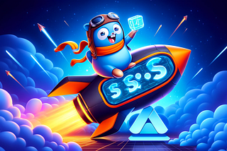 Golang character on an AWS Lambda rocket, carrying an S3 bucket. This scene captures the essence of AWS S3 and Lambda being utilized with Golang for processing large files.