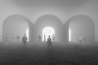 Business people walking towards mysterious tunnels. This is entirely 3D generated image.