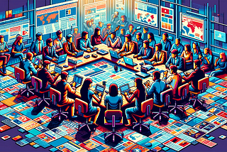 A pixel-art depiction of a high-tech command center with individuals at a U-shaped table, working on laptops, surrounded by digital displays and screens showcasing data and maps, rendered in a retro video game style with a blue, orange, and purple color scheme.