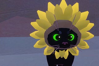The titular kitty from Little Kitty, Big City wearing a sunflower hat.