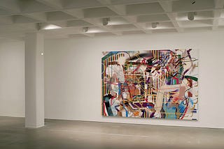 Installation view of a painting by Albert Oehlen. A very busy painting, with huge variety of colour and form.