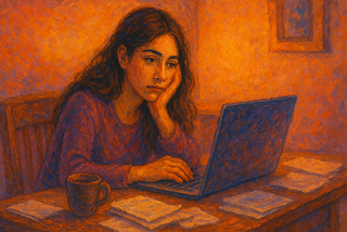 a lady writer in front of her laptop, trying hard to create an article