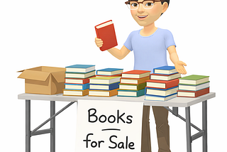 A cartoonish image of author Jason A. Kilgore standing behind a folding table laden with books. He’s holding a book and gesturing to the books on the table. A sign on the table reads “Books for Sale.”