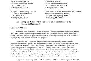 Patagonia Works’ 60-Day Notice of Intent to Sue Pursuant to the Endangered Species Act