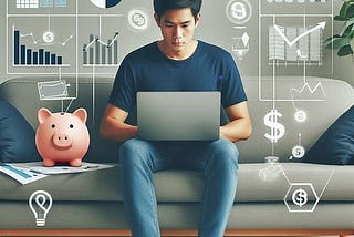 man on a laptop surrounded by money symbols