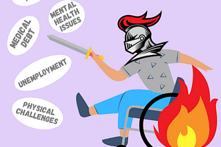 A person sits in a wheelchair, leaning forward, arm outstretched, with a sword in it. They are wearing an old-fashioned knight’s helmet. The wheelchair has a huge flame coming off the back wheels. The person looks as though they are battling several white circles with grey text on them that say things like Medical Debt, Unemployment, Physical Challenges, Mental Health Issues, Chronic Pain, and Isolation. The person is meant to depict a Chronic Illness Warrior.