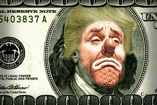 A detail from a US$100 bill showing Benjamin Franklin’s portrait. It has been altered. Franklin’s face has been overlaid with an orange sad clown, surmounted by Trump’s hair. The zeroes in ‘100’ above and below the portrait have been extended to run its entire length.