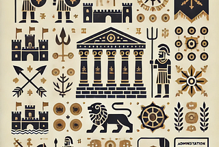 An image illustrating the power dynamics of the Persian Empire, with symbols of royal authority, military strength, and administrative control.