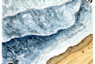 a watercolor painting of foaming waves against a sandy beach, with rocks jutting out of the water.