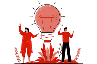 Illustration of two people standing next to a large light bulb.