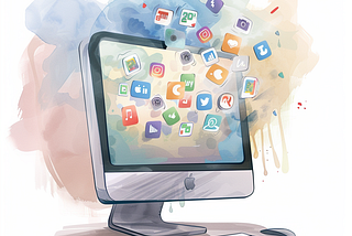 A watercolour image of an iMac computer with apps floating into it. Created via Midjourney by Merlene Paynter