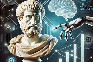 Generated with ChatGPT: “an image of a bust of Aristotle surrounded by symbols of technology, AI, and business”