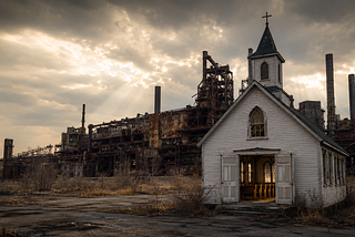 Abandoned white clapboard church with open doors and empty pews, dwarfed by a vast rusting steel mill under broken gray-gold light.