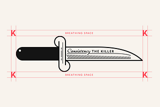 Knife illustration with consistency the killer written on the blade, red lines boxing an area around it as if it was a logo