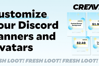 Four discount gift cards and rewards from Creavite.co. Creavite allows Discord users to customize their banners and avatars.