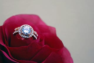 A gold halo diamons ring sits in the petals of a magenta rose