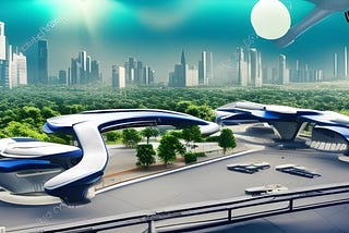 Futuristic city landscape with drones created by NightCafe AI image generator — tech trends in 2023
