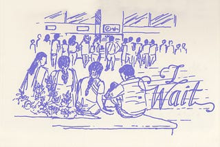Scene of the arrival hall at the Bengaluru’s Kempegowda International Airport looking towards the exit doors with people’s backs towards me. In the foreground there are two womxn talking to each other and one couple next to them with a boy sitting on a low platform encircling some plants.