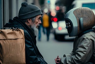 AI image of ChatGPT as a person talking to an old man on the street