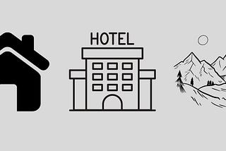 Graphic of home, hotel, and mountains.