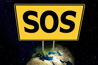 Planet Earth with an SOS sign stuck on top.