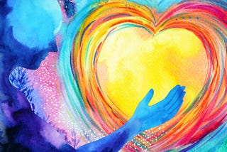 Colorful Reiki artwork features a human figure in blue holding their hand out to a yellow heart outlined in rainbow colors. Love for all beginning with self raises the vibration of humanity.