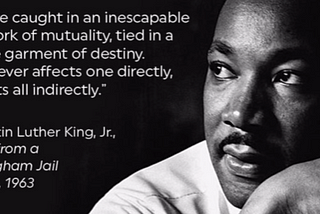 “We are caught in an inescapable network of mutuality, tied in a single garment of destiny. Whatever affects one directly, affects all indirectly.”
 ― Martin Luther King Jr., Why We Can’t Wait