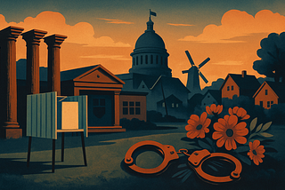 In dark colors an AI generated drawing of remnants of the Forum in Rome, the Capitol, a voting booth, handcuffs, and flowers.