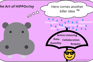 Image titled ‘The art of hippocrisy’. Picture of a hippo with a thought bubble. In the thought bubble is says here comes another killer idea tm. Rain drops fall from the cloud. In the rain are the words disruption, gut-driven, unplanned work, JFDI and chaos. There is an umbrella with the words active listening, data, collaboration, humility and respect. Underneath the umbrella a face with sunglasses is sheltering.