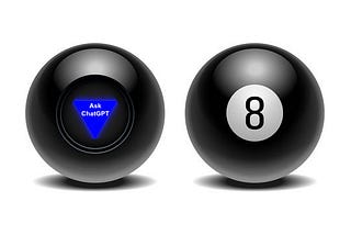 Two magic 8 balls side by side; the one on the left showing the answer “Ask ChaptGPT”; the one on the right showing the black ball with a white circle and the number 8 in the middle.