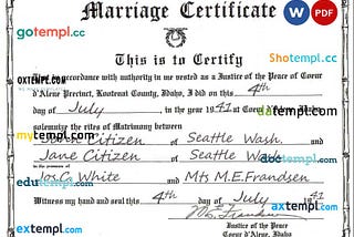 USA Idaho marriage certificate example in PSD format, fully editable