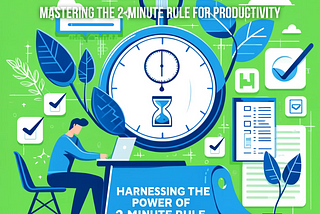 Vibrant blog post cover image featuring a person at a desk quickly managing tasks, surrounded by symbols of productivity: a bright blue and green color scheme, a stopwatch, and a checklist with marked items. The clean, modern design emphasizes efficiency and effective time management, encapsulating the essence of the 2-Minute Rule.
