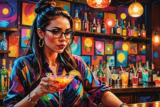 Image shows a woman with a colorful shirt, against a colorful background in a bar, holding a cocktail in her hand and looking as if she’s deep in thought.