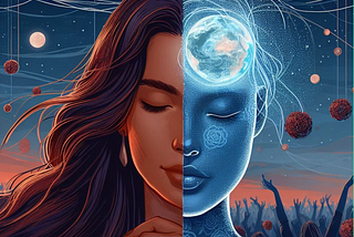 Half of image is brown haired woman with eyes closed thinking and the second half is the other half of her face glowing in blue with the image of connection and globe in it.