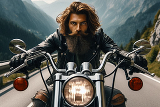 A man with long hair and a beard riding a motorcycle down a mountain road.