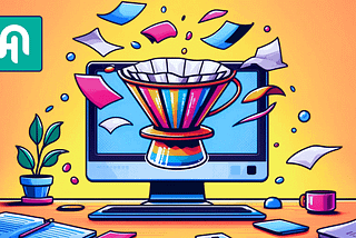 A colorful cartoon-style digital illustration of a V60 coffee filter displayed on a computer screen standing in front of an orange background. There are papers going into the filter