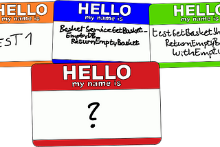 Three name tags with the test naming schemes discussed in this article.