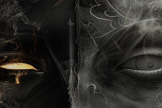 Two opposing eyes — one luminous and organic, the other matte and mechanical — divided by swirling smoke and golden filaments.