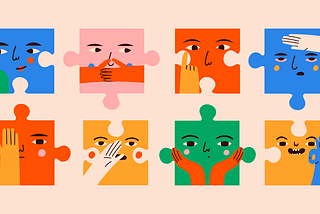 Artwork depicting various facial expressions and gestures as a form of nonverbal communication. Each face is a puzzle piece which suggests that although we are all unique, there still is an interconnectedness that goes beyond our differences to form a bigger picture.