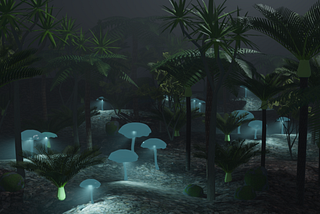 A 3D render of a forest at night with glowing mushrooms