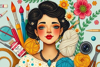 Image shows the colorful drawing of a woman with black hair, and symbols of all kinds of creative endeavors around her.