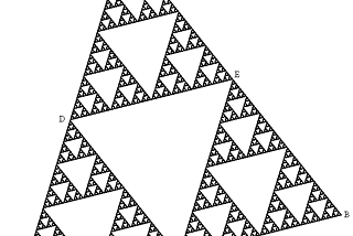 A Sierpinski Triangle at 6th iteration in black and white viewed from a mild orthogonal angle.