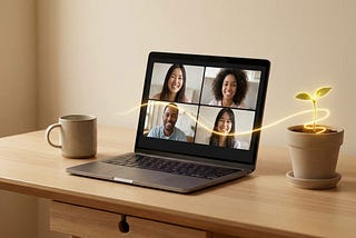 Remote team members connecting during a virtual meeting on laptop screens