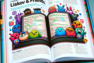 The image is of an open book titled ‘Levelling Up with Liskov & Friends,’ designed to teach software development principles in an engaging way. It features colorful, cartoonish characters representing programming concepts, along with inviting diagrams, code snippets, and tech-related icons. The educational content is presented in a playful and accessible style.