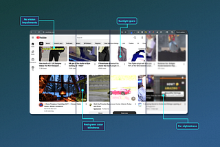 Viewing YouTube’s homepage with different vision simulations, like red-green color blindness and sun-glare